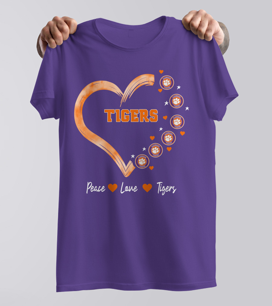 Peace Love Clemson Football Tigers Heart Paw Prints T-Shirt