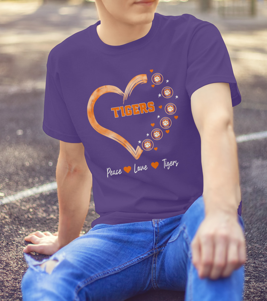 Peace Love Clemson Football Tigers Heart Paw Prints T-Shirt