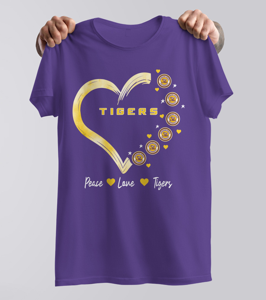 Peace Love LSU Tigers Heart Design With Logo Elements T-Shirt