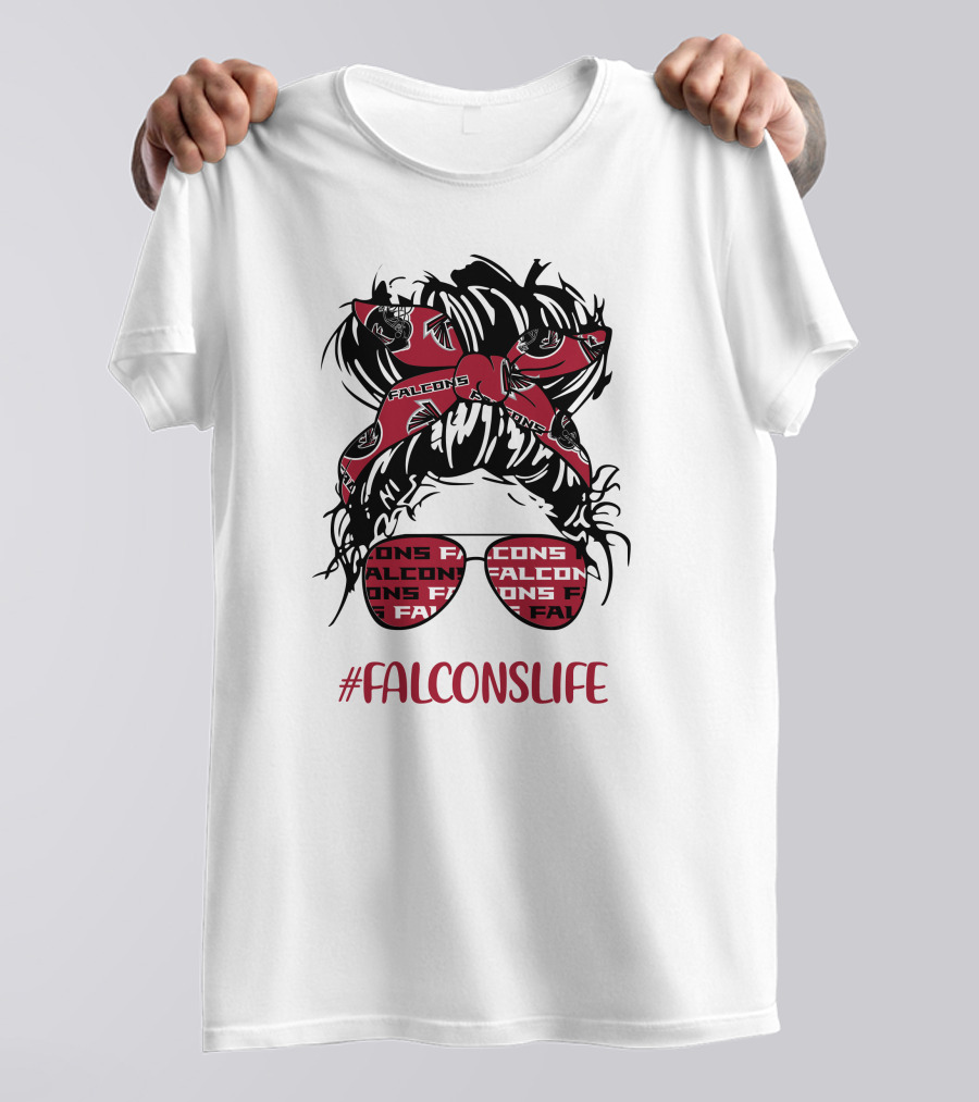 Atlanta Falcons Life Messy Bun Girl With Falcon Headband Glasses T-Shirt