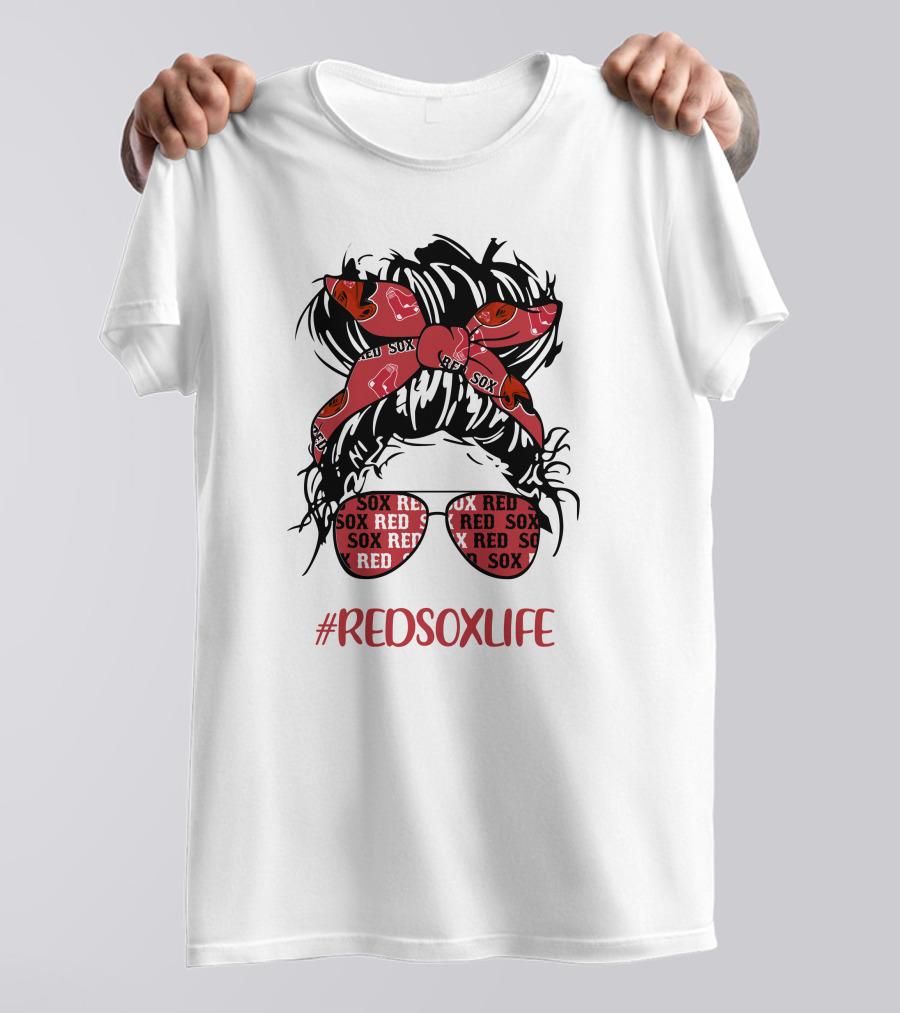 Boston Red Sox Messy Bun Girl With Headband Glasses #Redsoxlife T-Shirt