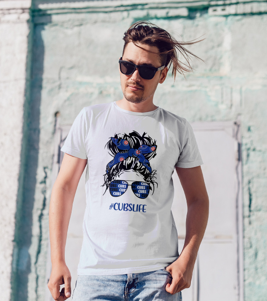 Chicago Cubs Messy Bun Girl Headband Glasses #CUBSLIFE T-Shirt