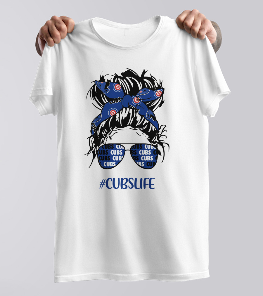 Chicago Cubs Messy Bun Girl Headband Glasses #CUBSLIFE T-Shirt