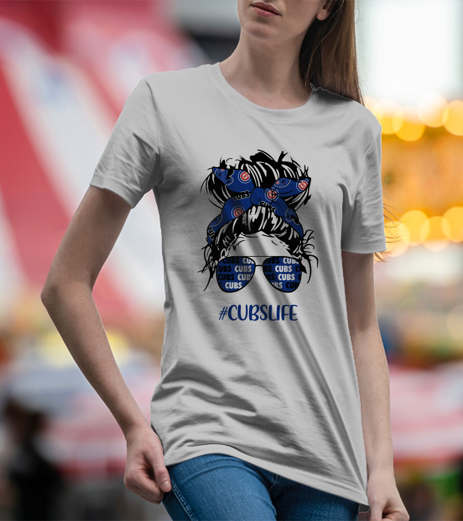 Chicago Cubs Messy Bun Girl Headband Glasses #CUBSLIFE T-Shirt