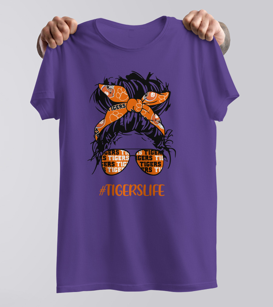 TigersLife Clemson Tigers Messy Bun Girl With Headband And Glasses T-Shirt