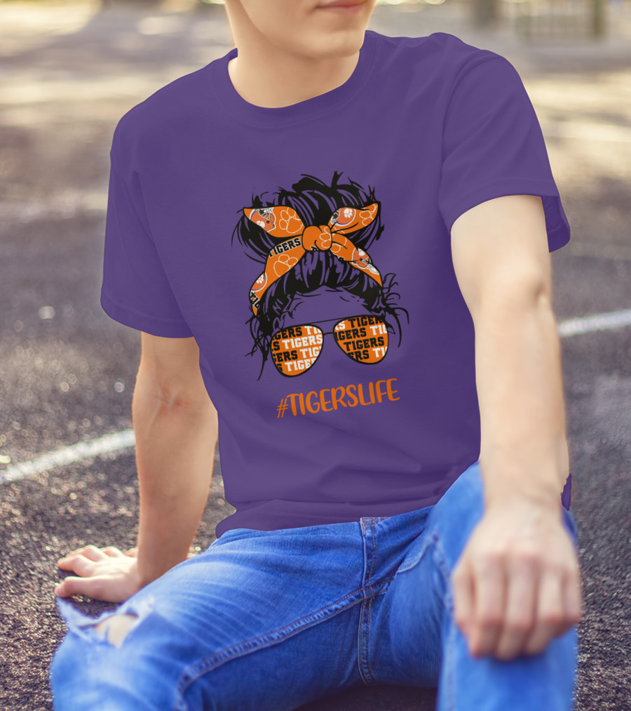 TigersLife Clemson Tigers Messy Bun Girl With Headband And Glasses T-Shirt