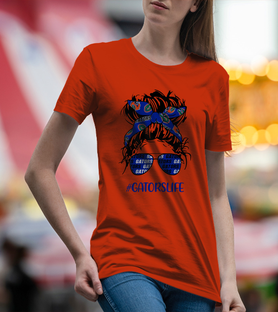 GATORS LIFE Messy Bun Girl With Gators Headband And Glasses T-Shirt