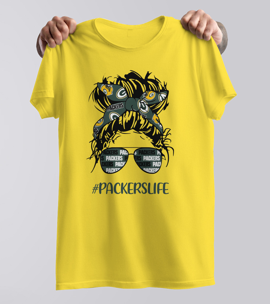 PACKERSLIFE Messy Bun Girl With Packers Headband And Glasses T-Shirt