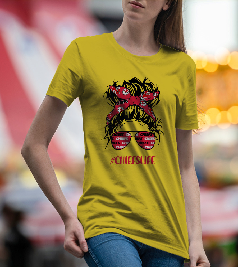 Kansas City Chiefs Life Messy Bun Girl With Chiefs Headband And CHIEFS Glasses T-Shirt