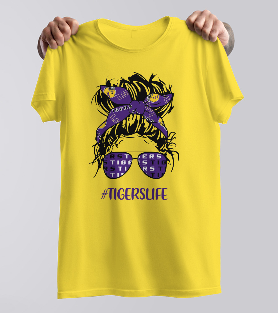 TIGERSLIFE LSU Messy Bun Girl Headband Glasses T-Shirt