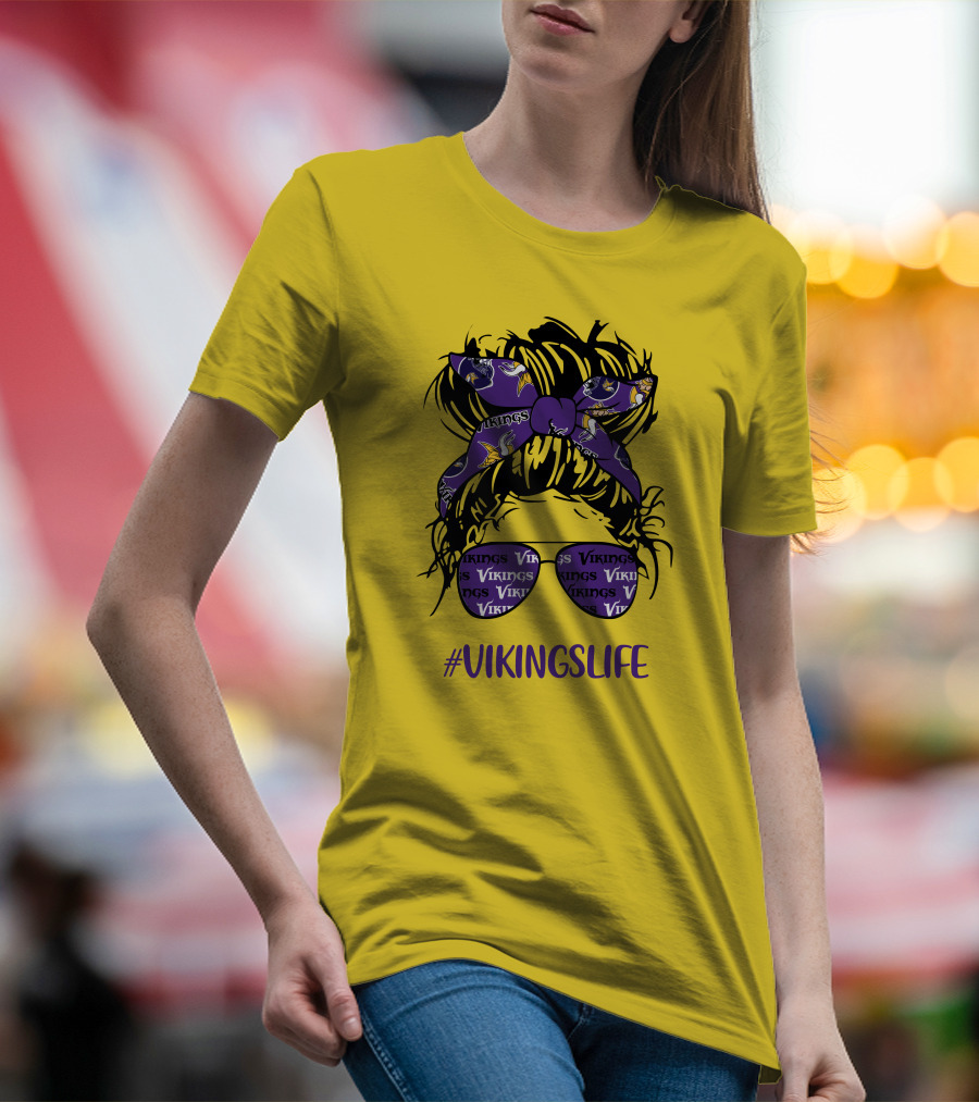 Vikings Life Messy Bun Girl Headband Glasses Minnesota Vikings T-Shirt