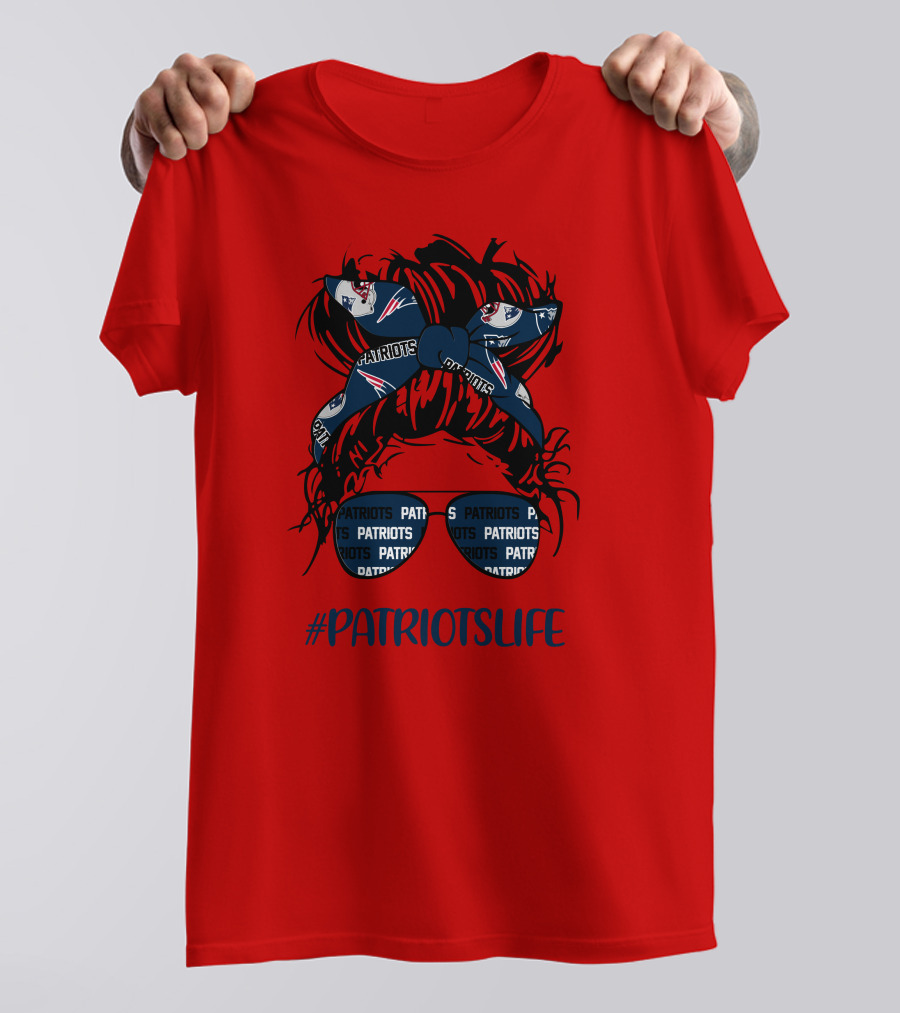 PATRIOTSLIFE New England Patriots Messy Bun Girl Headband Glasses T-Shirt
