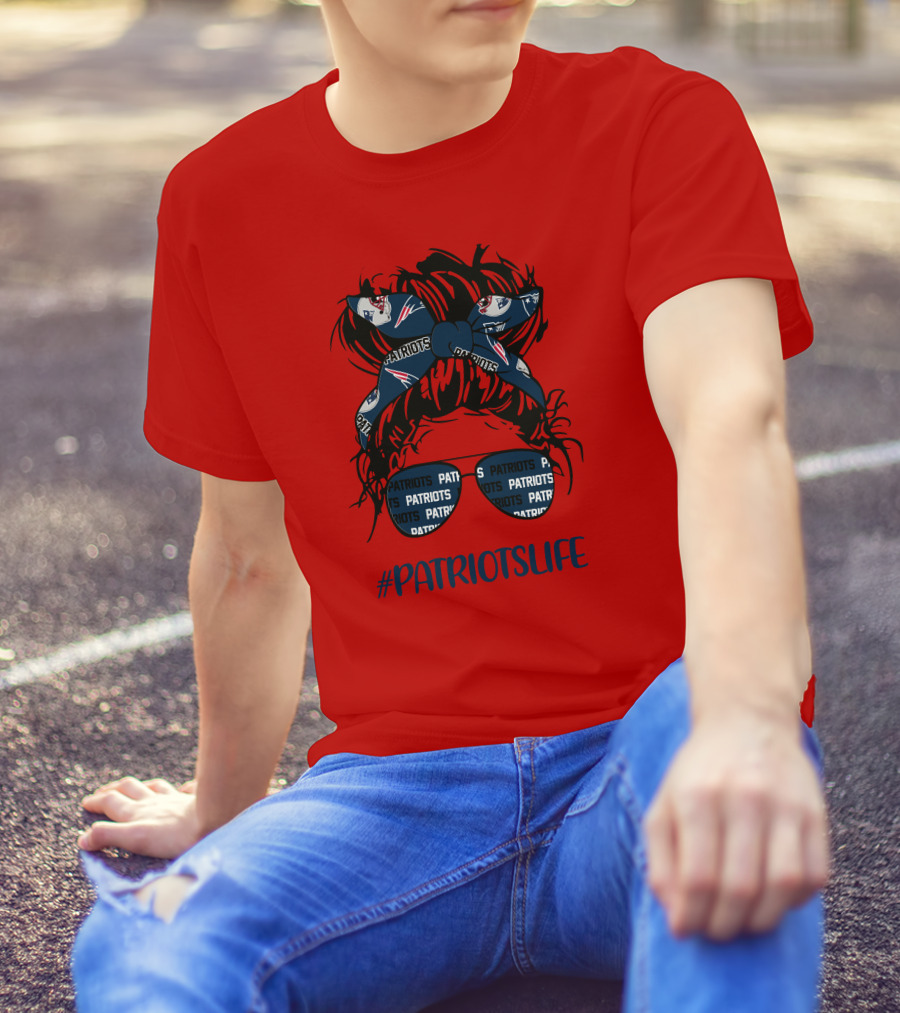 PATRIOTSLIFE New England Patriots Messy Bun Girl Headband Glasses T-Shirt
