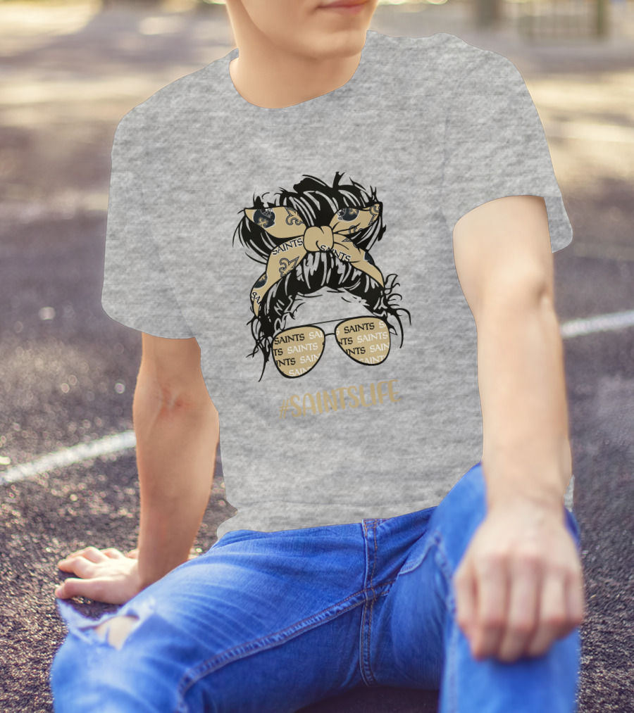 Messy Bun Girl With Saints Headband And Glasses #Saintslife T-Shirt
