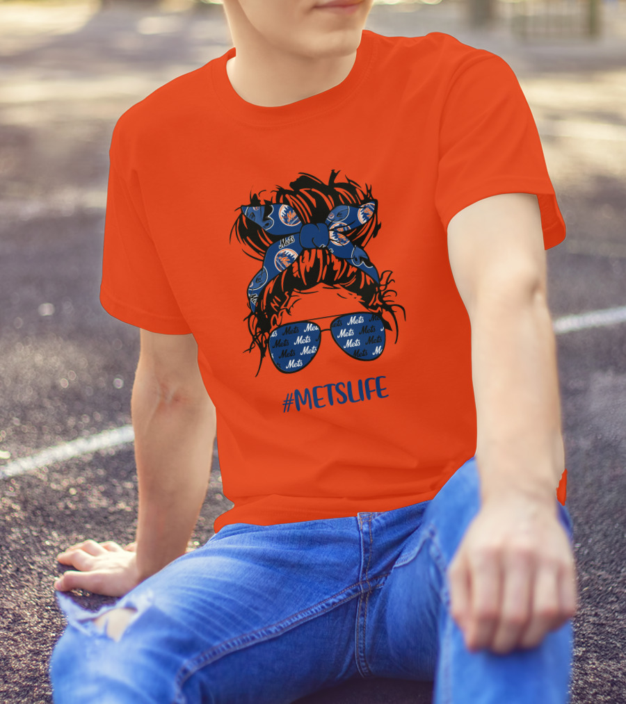 New York Mets Life Messy Bun Girl Headband Glasses #MetsLife T-Shirt