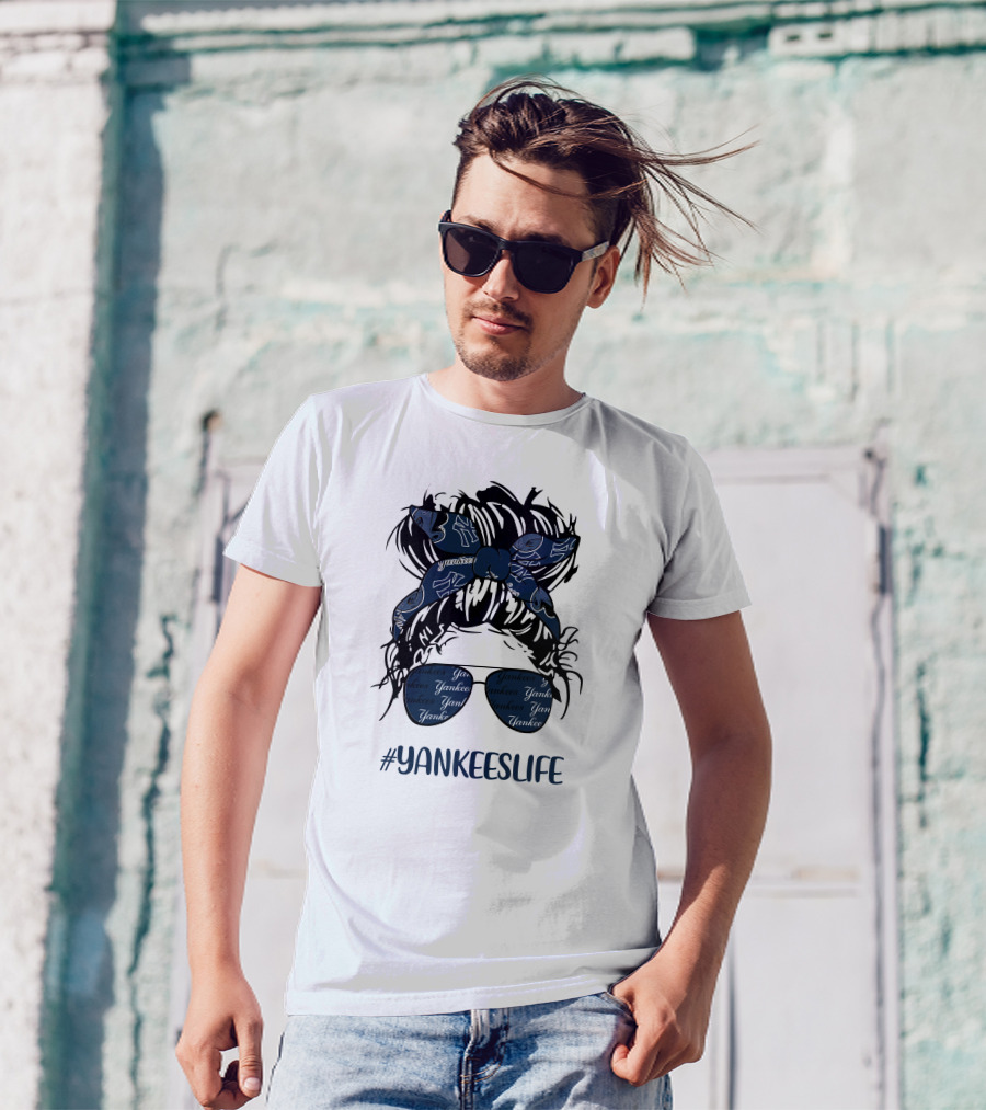 YANKEESLIFE Messy Bun Girl With Yankees Headband And Glasses T-Shirt