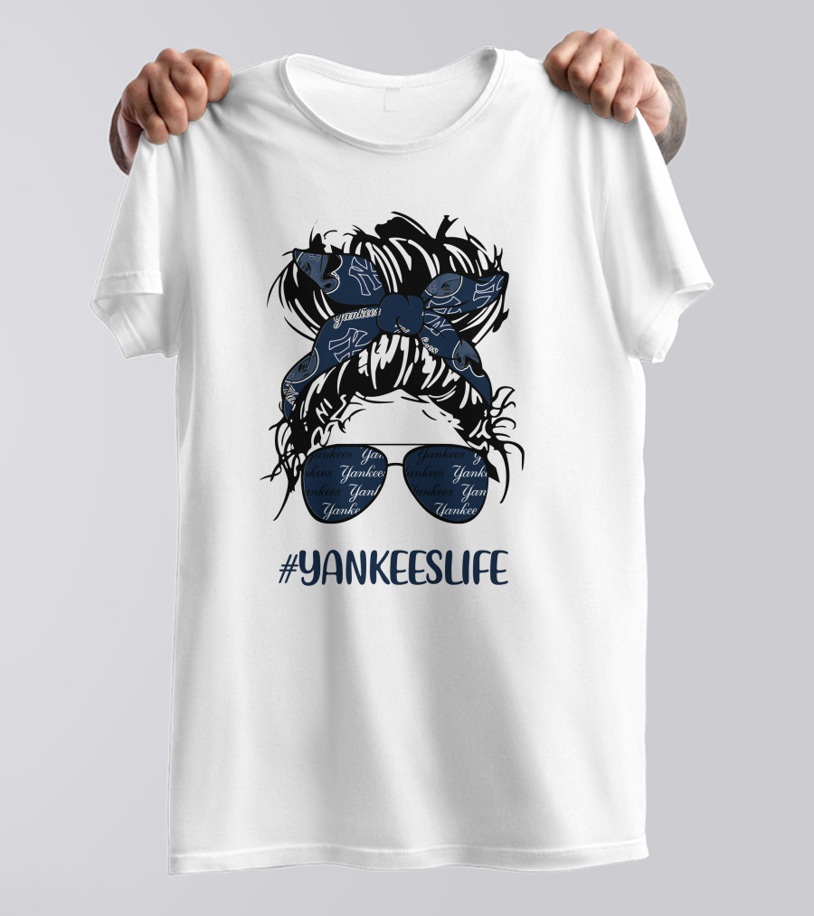 YANKEESLIFE Messy Bun Girl With Yankees Headband And Glasses T-Shirt