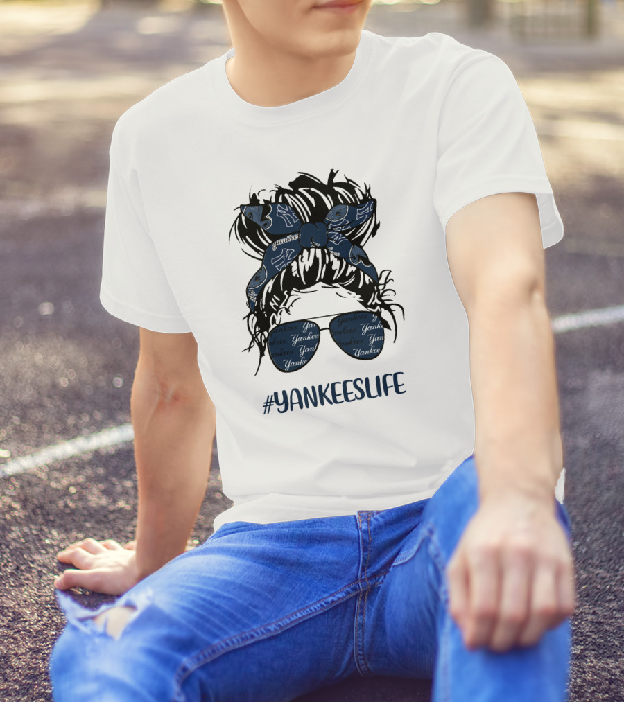 YANKEESLIFE Messy Bun Girl With Yankees Headband And Glasses T-Shirt