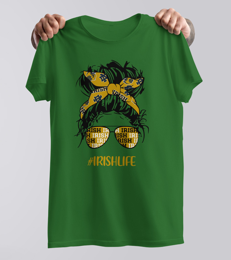 Notre Dame Fighting Irish Life Messy Bun Girl Headband Glasses #IrishLife T-Shirt