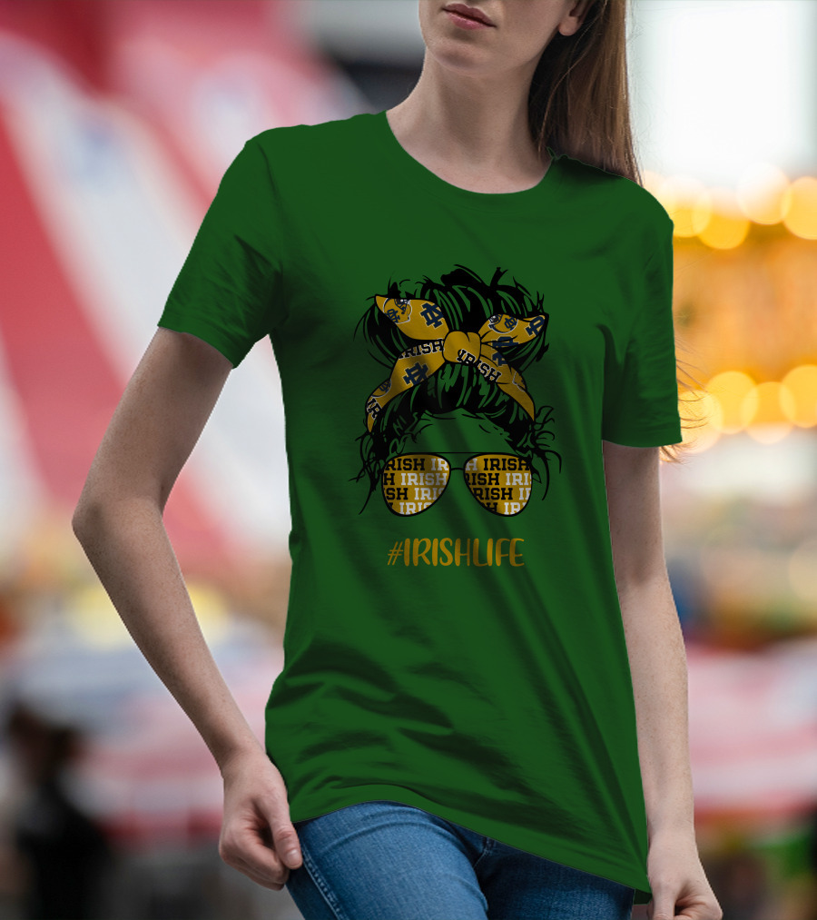 Notre Dame Fighting Irish Life Messy Bun Girl Headband Glasses #IrishLife T-Shirt