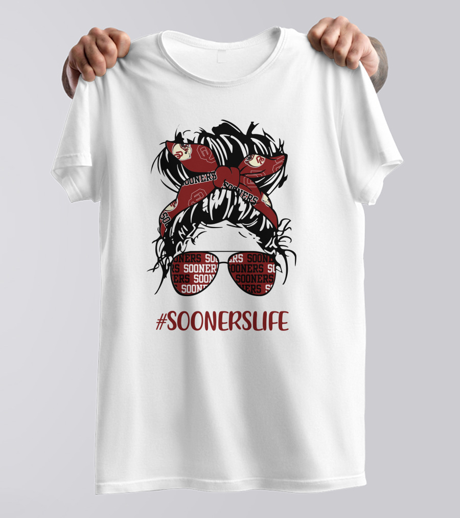 SoonersLife Messy Bun Girl Headband Glasses Oklahoma Sooners T-Shirt