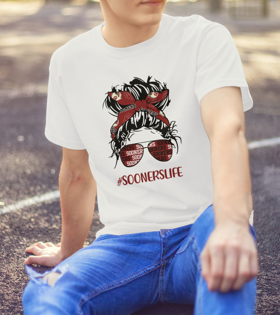 SoonersLife Messy Bun Girl Headband Glasses Oklahoma Sooners T-Shirt