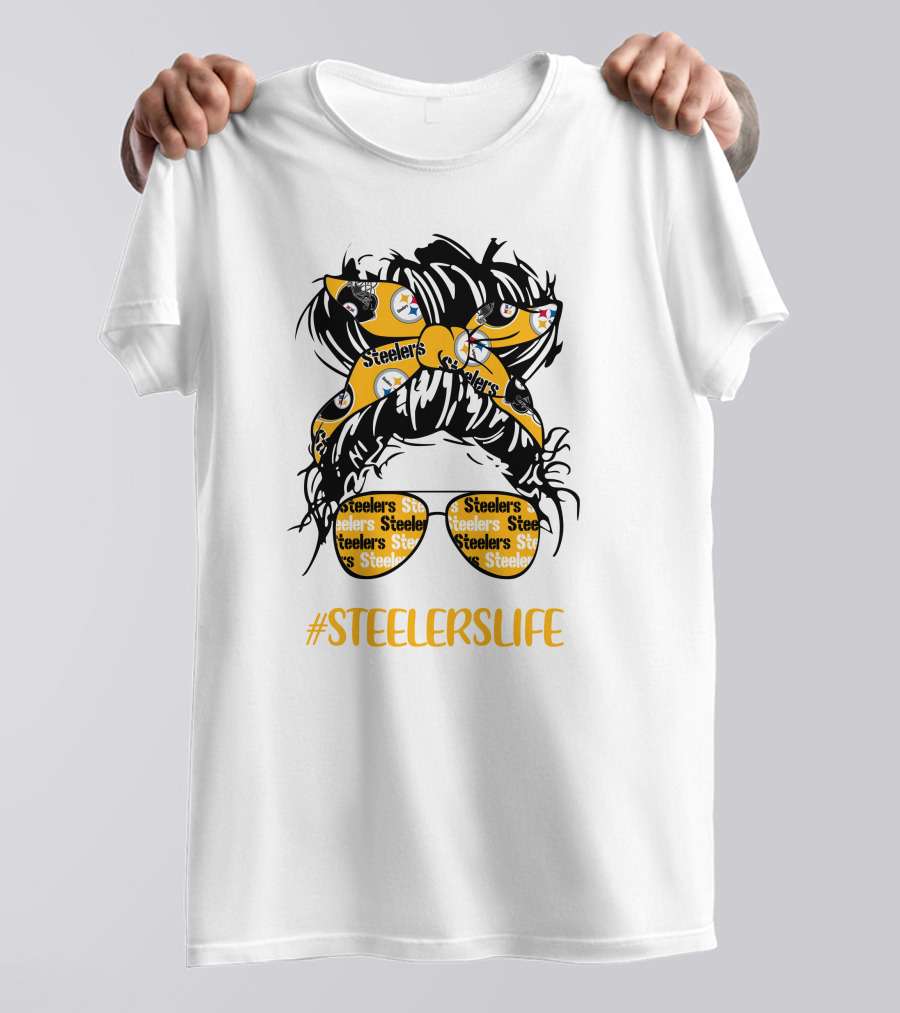 SteelersLife Messy Bun Girl With Steelers Headband And Glasses T-Shirt