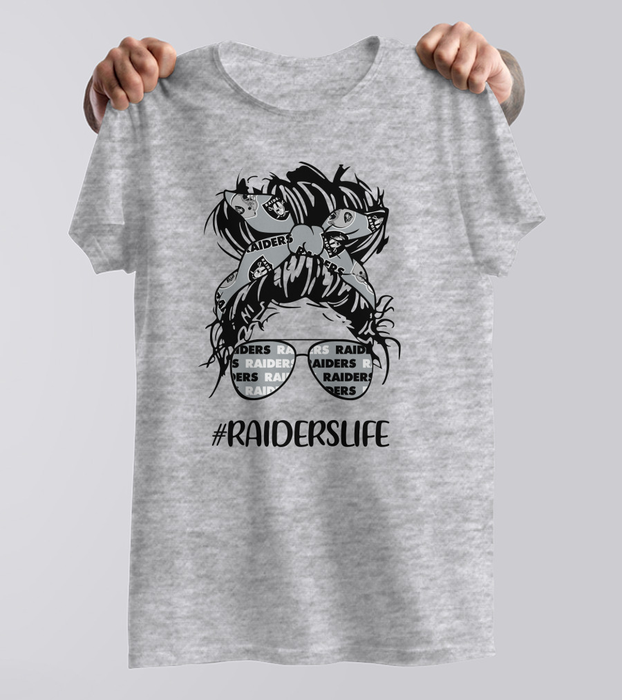 Raiderslife Messy Bun Girl With Raiders Headband Glasses Las Vegas Raiders T-Shirt