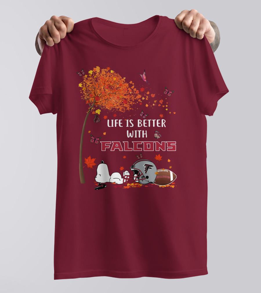 Life Is Better With Falcons Autumn Leaves Helmet Football Snoopy T-Shirt