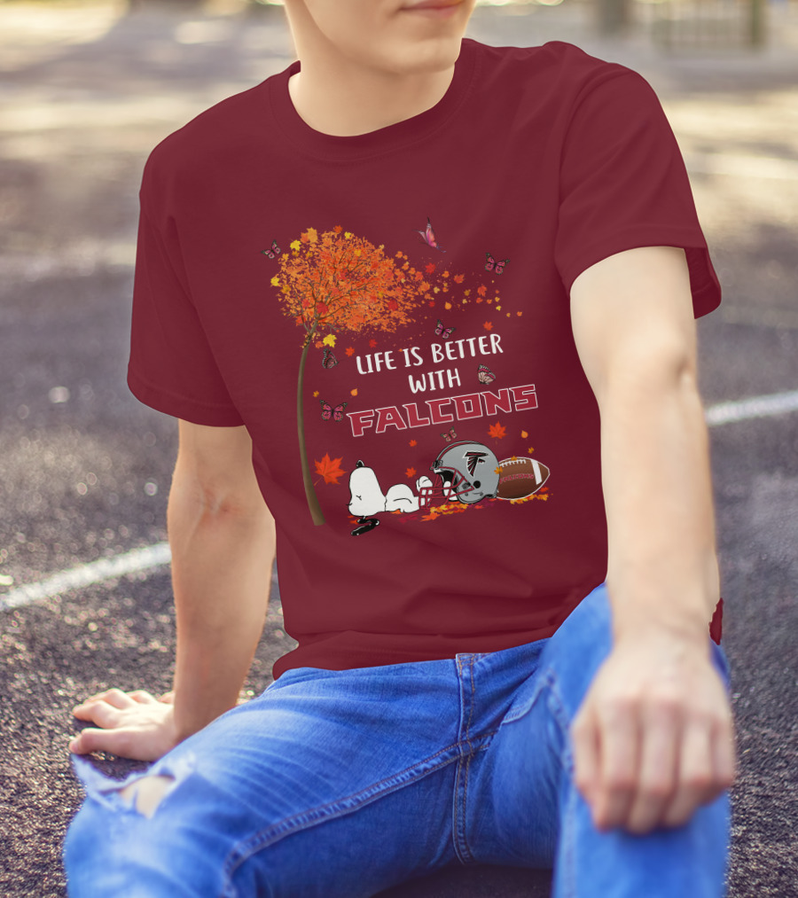 Life Is Better With Falcons Autumn Leaves Helmet Football Snoopy T-Shirt