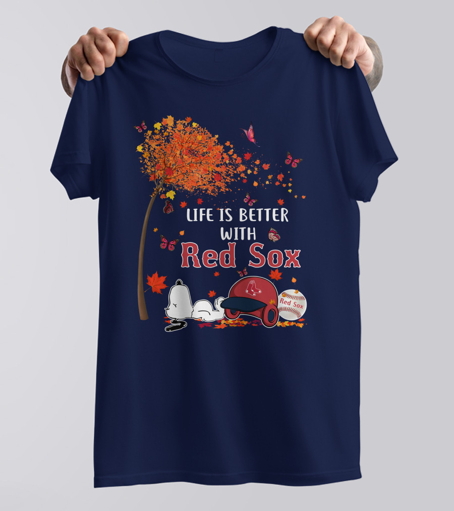Life Is Better With Red Sox Tree Butterflies Baseball T-Shirt