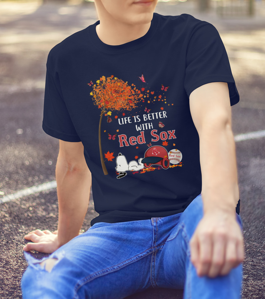 Life Is Better With Red Sox Tree Butterflies Baseball T-Shirt