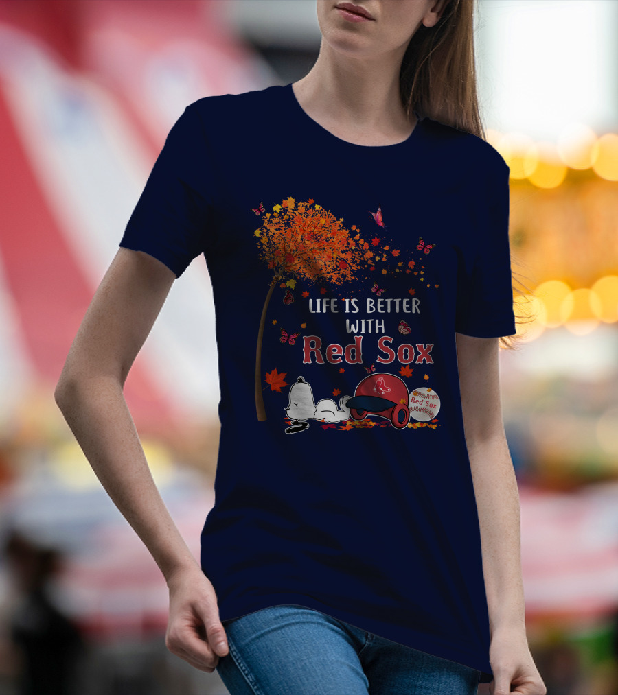 Life Is Better With Red Sox Tree Butterflies Baseball T-Shirt