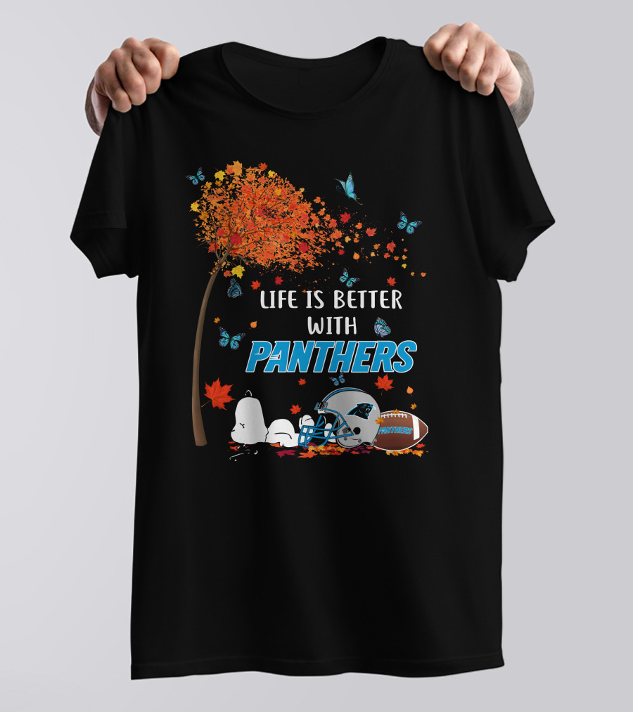 Life Is Better With Panthers Carolina Football Helmet And Autumn Leaves T-Shirt