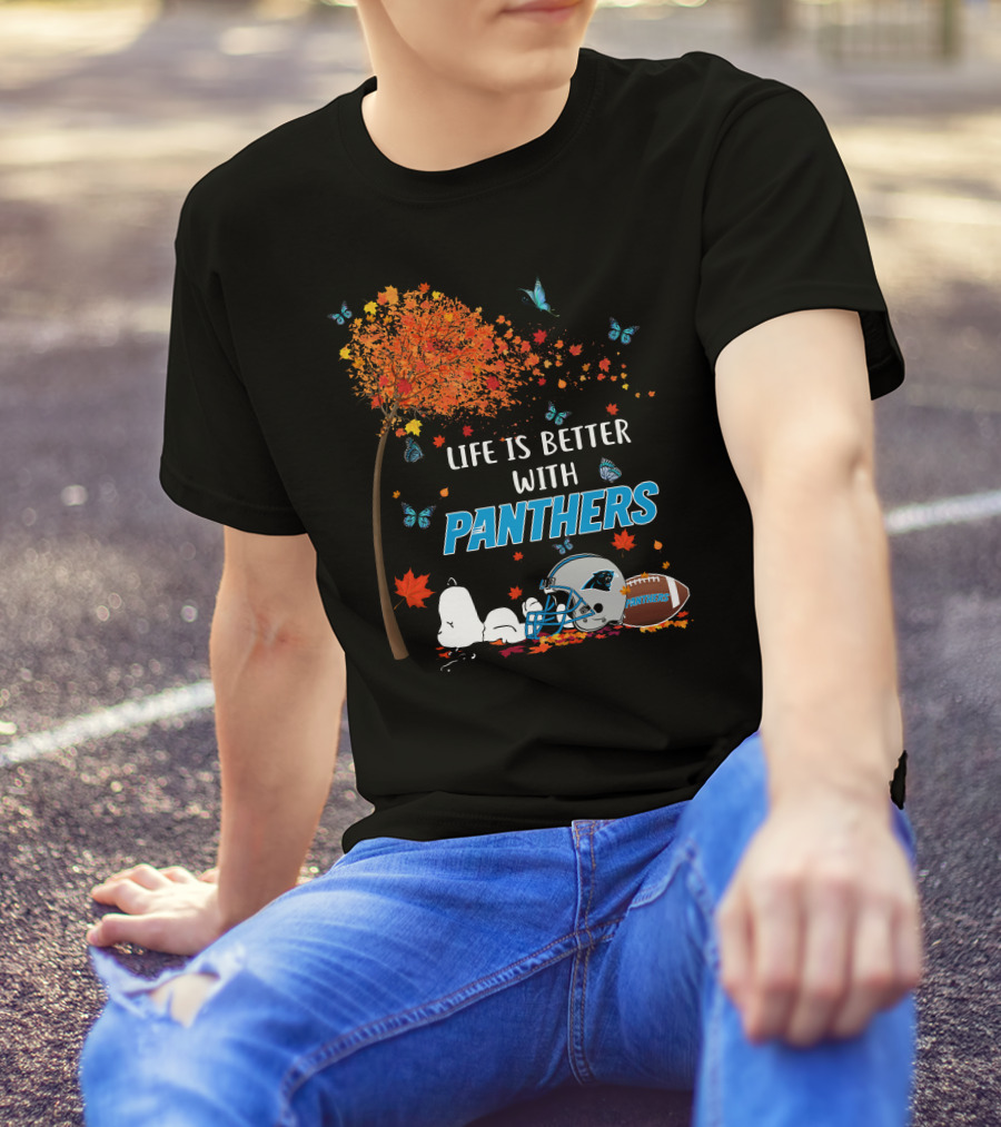 Life Is Better With Panthers Carolina Football Helmet And Autumn Leaves T-Shirt