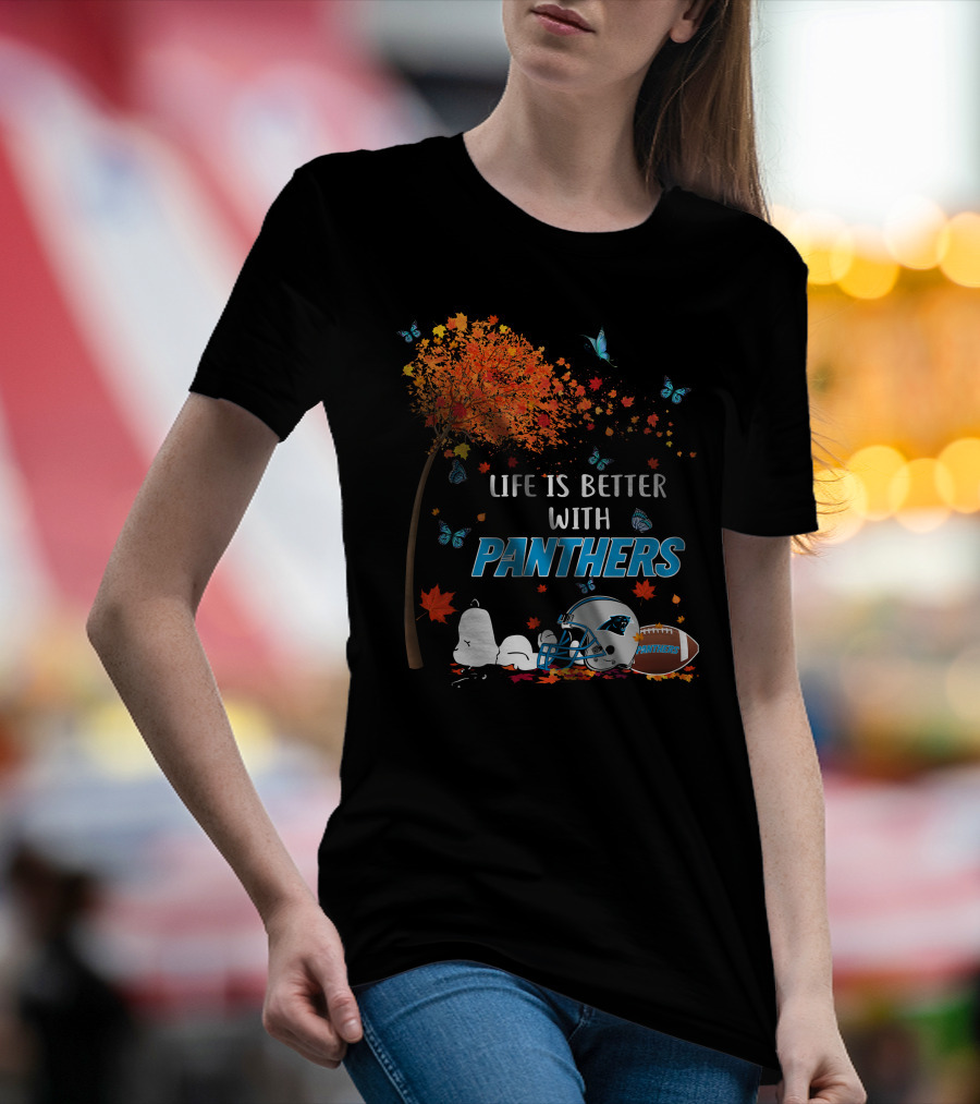 Life Is Better With Panthers Carolina Football Helmet And Autumn Leaves T-Shirt