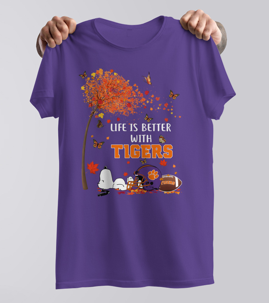Life Is Better With Tigers Autumn Tree Snoopy Football Helmet Butterflies T-Shirt
