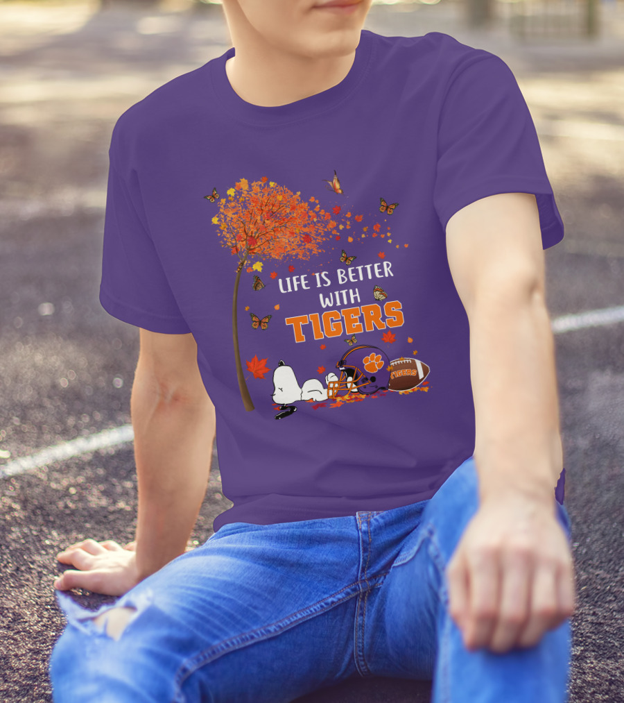 Life Is Better With Tigers Autumn Tree Snoopy Football Helmet Butterflies T-Shirt