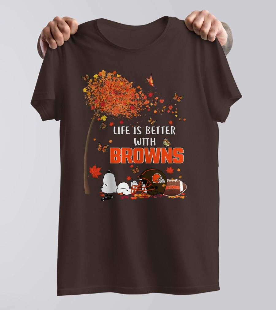 Life Is Better With My Cleveland Browns Football Autumn Scene And Peanuts Character T-Shirt