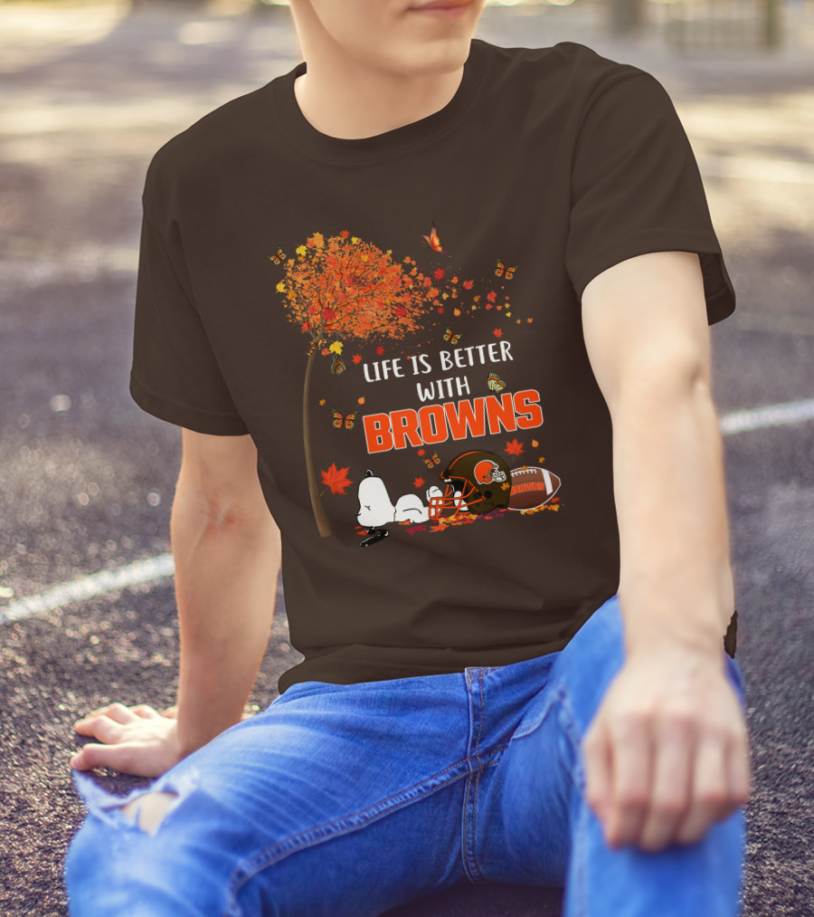 Life Is Better With My Cleveland Browns Football Autumn Scene And Peanuts Character T-Shirt