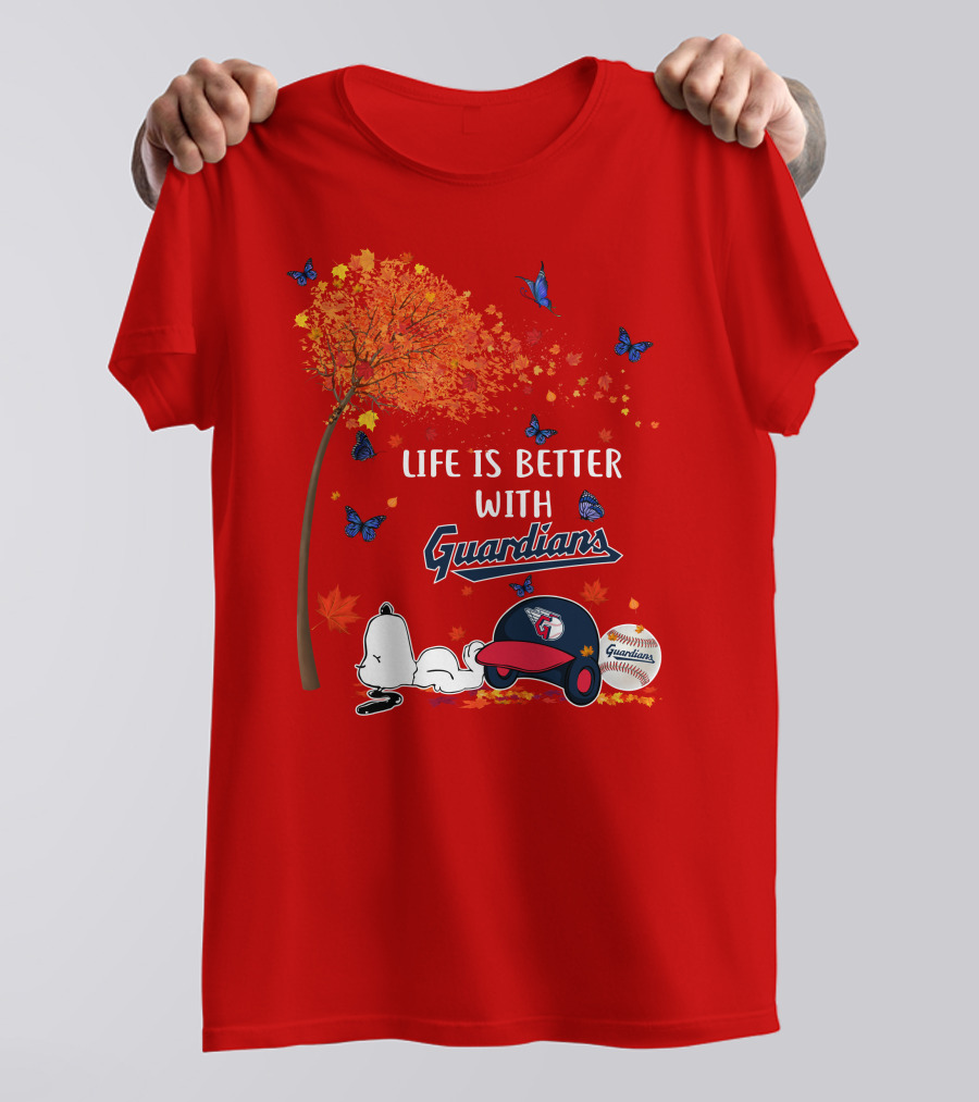 Life Is Better With Guardians Cleveland Guardians Baseball Autumn Tree Snoopy And Butterflies T-Shirt