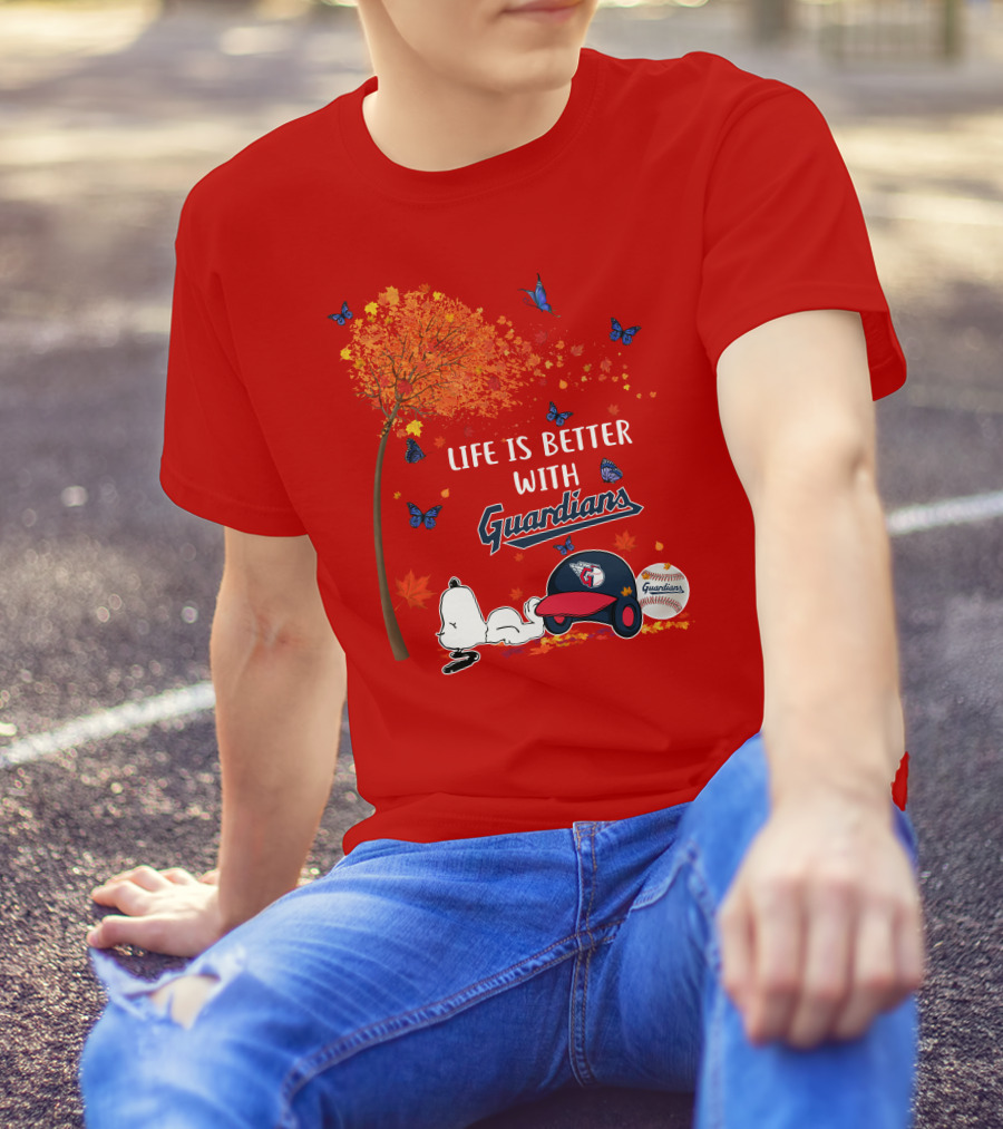 Life Is Better With Guardians Cleveland Guardians Baseball Autumn Tree Snoopy And Butterflies T-Shirt