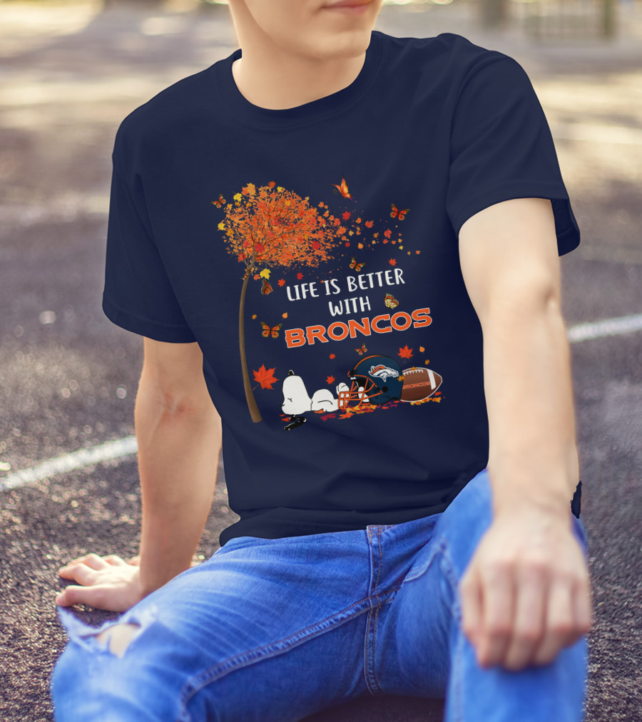 Life Is Better With Broncos Tree Butterflies Helmet Football T-Shirt