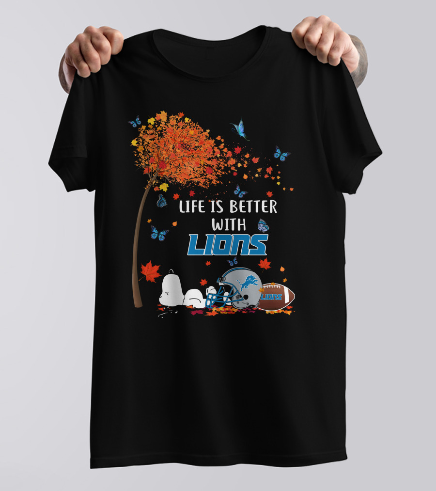 Life Is Better With Detroit Lions Autumn Leaves Football Helmet Snoopy Woodstock T-Shirt