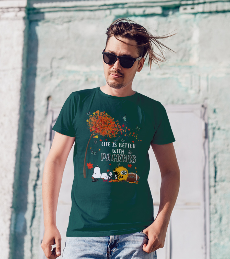 Life Is Better With Packers Green Bay Football Autumn Snoopy Leaves T-Shirt