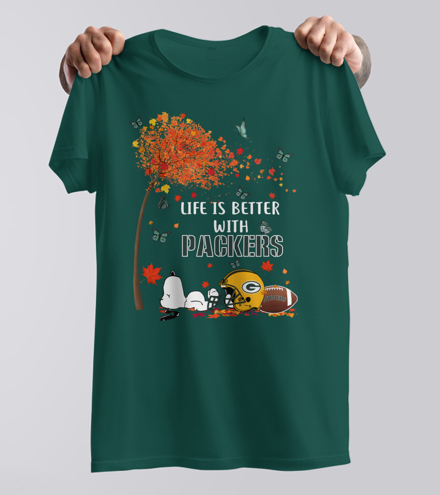 Life Is Better With Packers Green Bay Football Autumn Snoopy Leaves T-Shirt