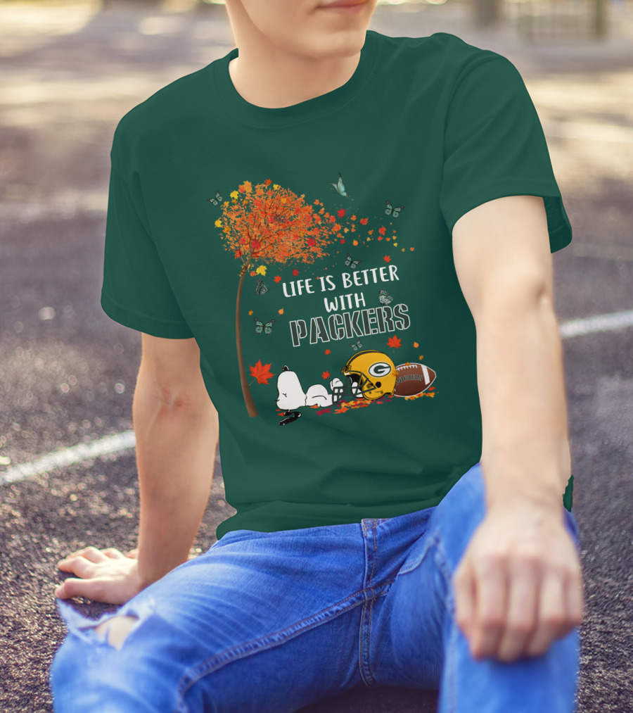 Life Is Better With Packers Green Bay Football Autumn Snoopy Leaves T-Shirt