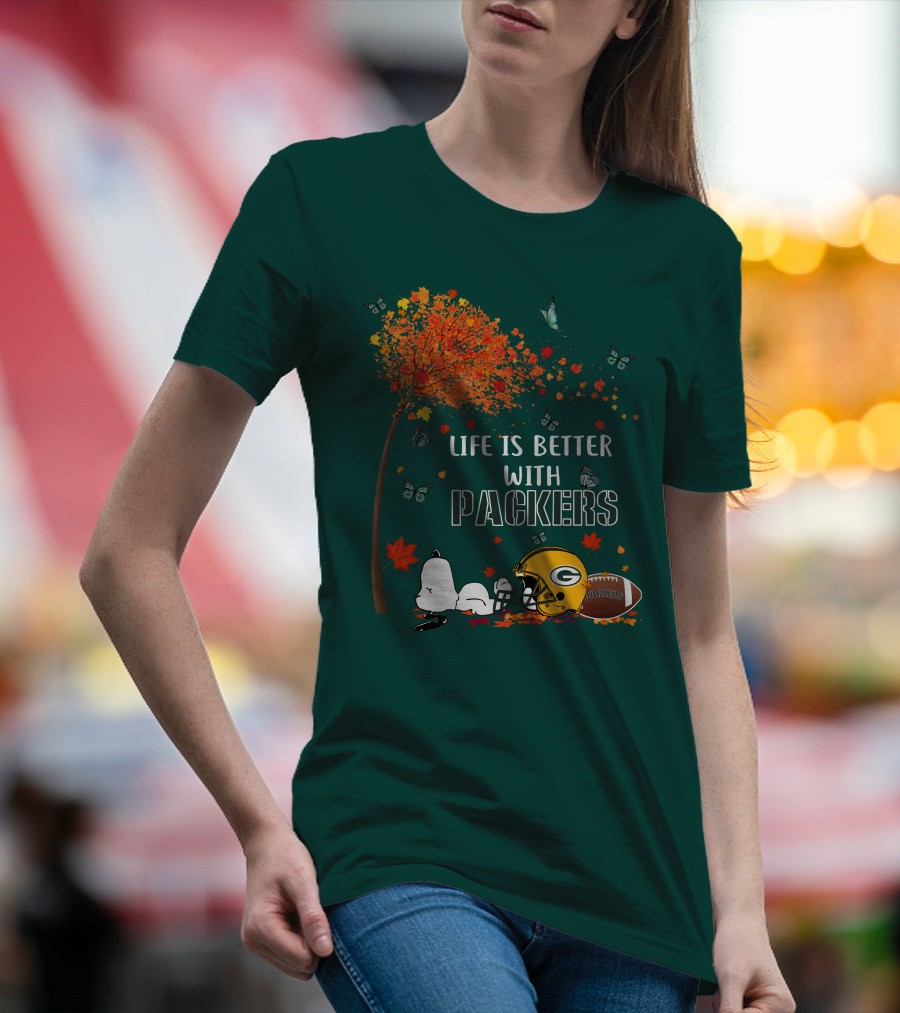 Life Is Better With Packers Green Bay Football Autumn Snoopy Leaves T-Shirt