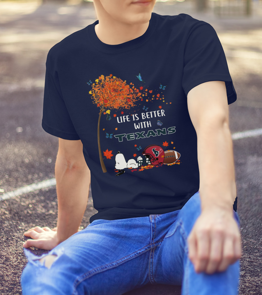 Life Is Better With Texans Football Snoopy Fall Leaves Butterflies T-Shirt