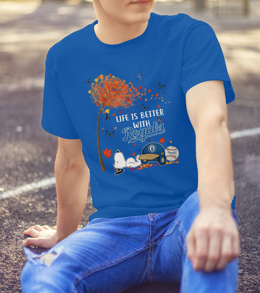 Life Is Better With Royals Baseball Helmet Autumn Leaves Snoopy And Butterfly T-Shirt